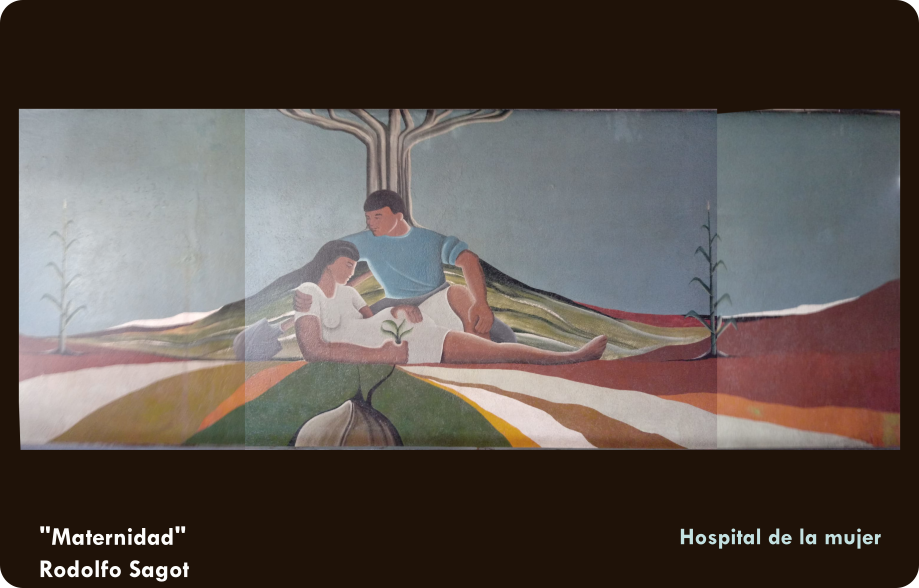 Una nujer recostada sobre el suelo sujeta un ramillete de plantas, detrás de ella un hombre la sostiene de la espalda, detrás del hombre se observa una pala. Detras de ambos un gran árbol extiende sus ramas a lo largo de todo el mural. 
        a los costados se representan dos plantas de maiz